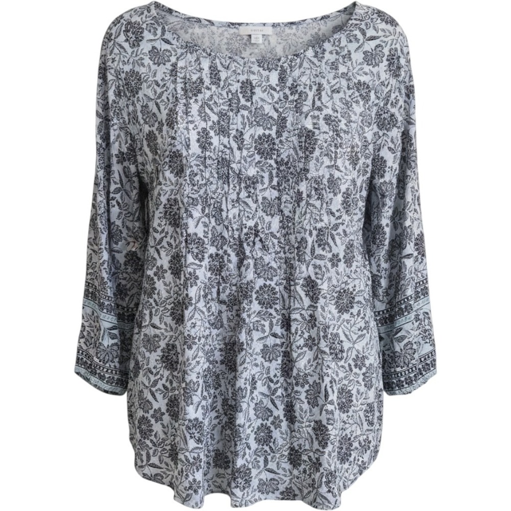 Loft Blue Floral Pintuck Blouse 3/4 Sleeve Scoop Neck Top Womens Size XL